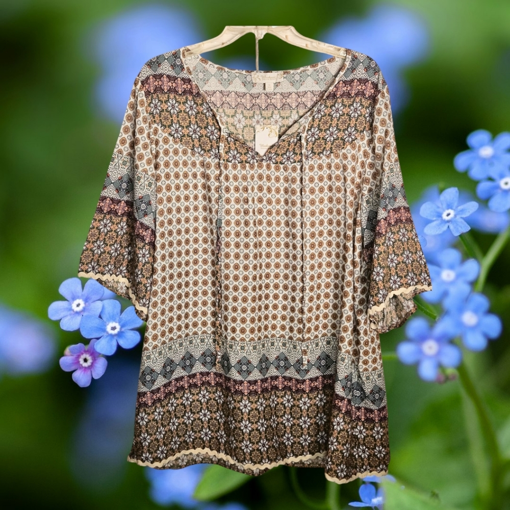 Suzanne Betro Taupe & Teal Notch V-Neck Loose Tunic w/Short Kimono Sleeves-1X